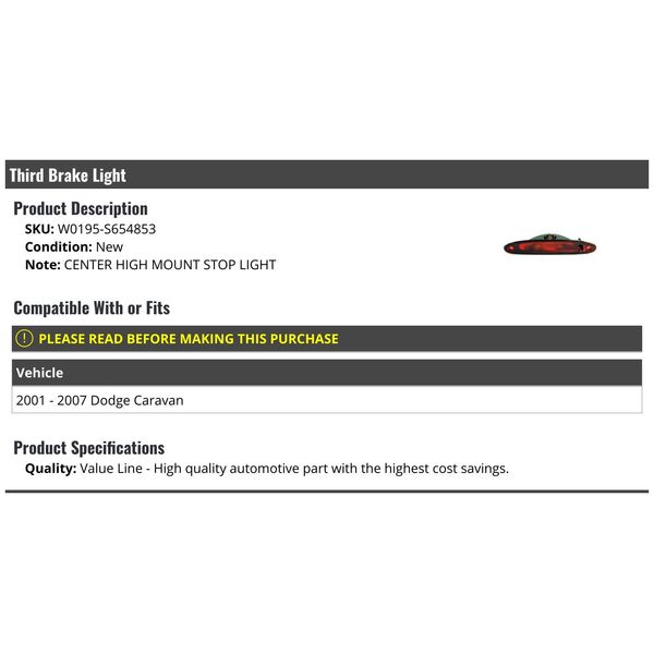 3rd Third Brake Light - Center High Stop Lamp - Compatible with 2001-2007 Dodge Caravan