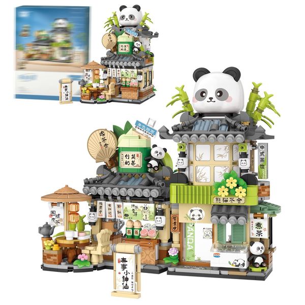 LUOGFYNI Street View Tea Shop Building Blocks Set, Creative Panda Animal Theme House, Mini Blocks Simulation Architecture Construction Toy, Unique Gift for Adults (1383)