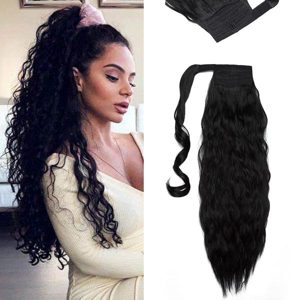 SEGO Corn Wave Ponytail Magic Paste One Piece Curly Wrap Around Ponytail Hair Extension Long Fluffy Synthetic Ponytail [20 Inch, 90g] - Dark Black