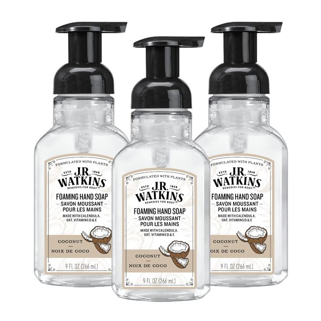 J.R. Watkins Foaming Hand Soap Pump with Dispenser, Moisturizing All Natural Hand Soap Foam, Alcohol-Free Hand Wash, Cruelty-Free, USA Made, Use as Kitchen or Bathroom Soap, Coconut, 9 fl oz, 3 Pack