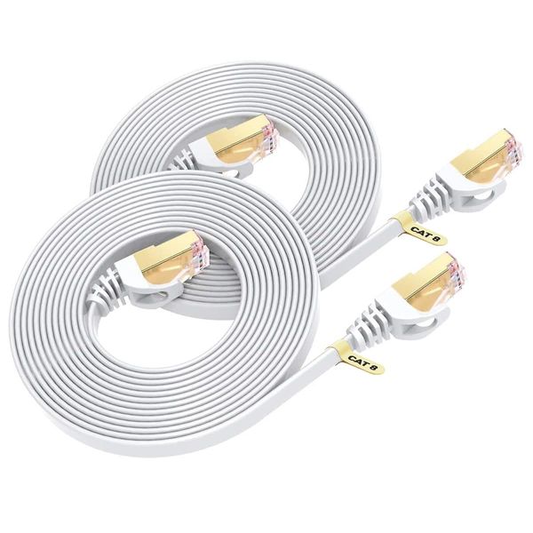 BUSOHE Cat8 LAN Cable, 1M 2-Pack Flat Cable 40Gbps 2000MHz with RJ45 Connector Gigabit High Speed Ethernet Cable Gold Plated Anti-Crack Category 8 for Home Commercial Use PS3 PS4 Xbox Access Point etc Run Cable (White)