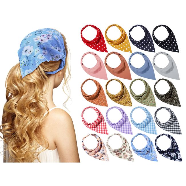 WILLBOND 20 Pcs Scarf Headband for Women Floral Elastic Hair Scarf Headband Boho Triangle Bandanas Print Solid Plaid Dot Bandana Headbands for Girls Chiffon Head Kerchief Hair Accessories, 5 Styles