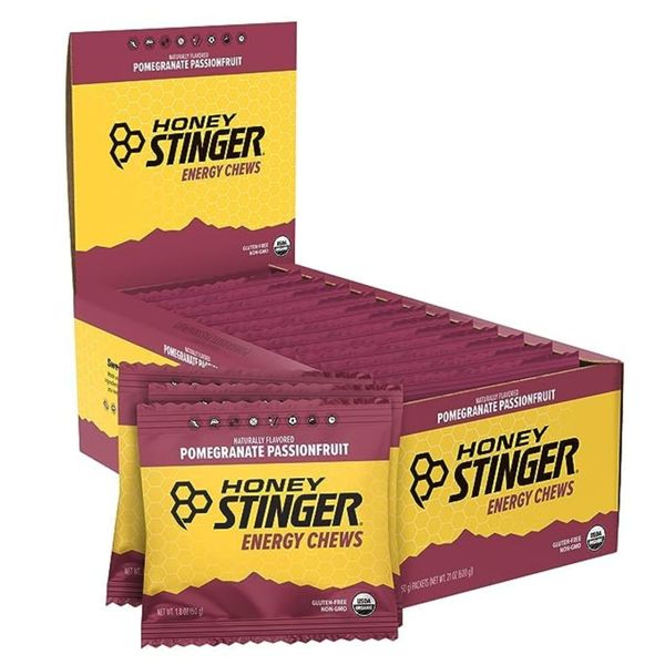 Honey Stinger Organic Pomegranate Passionfruit Energy Chew | Gluten Free & Caffeine Free | For Exercise, Running and Performance | Sports Nutrition for Home & Gym, Pre and Mid Workout | 12 Pack