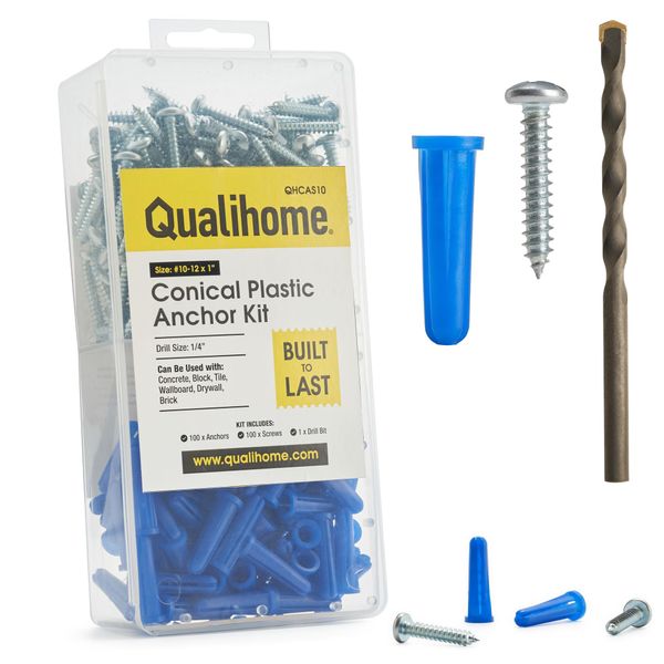 QUALIHOME Conical Concrete Anchors and Screws Kit, Plastic Conical Wall Anchors for Lightweight Fixtures in Concrete, Block, Brick, and More, 100 Pack of Concrete Anchors, Screws & 1 x 1/4" Drill Bit