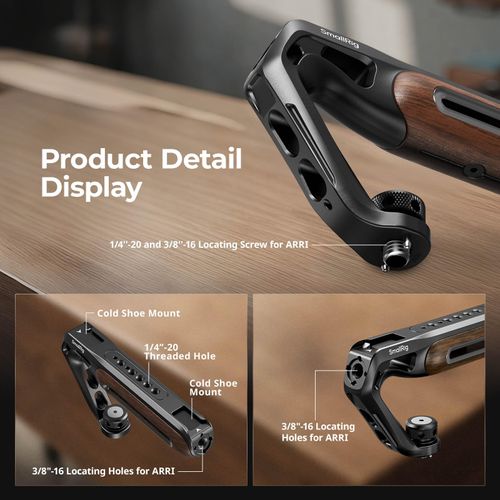 SmallRig Wooden Top Handle with Retractable 1/4''-20 and 3/8''-16 Locating Screw for ARRI, Max Load 15kg / 33.1lb for Universal Camera Cages and Rigs, 2 Cold Shoe Adapters to Mount Accessories- 5252
