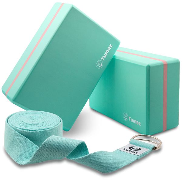 Tumaz Yoga Block Yoga Belt, Pose Aid, 3-Piece Set (High Density EVA Lightweight Yoga Block or High Anti-Slip Cork Yoga Block), Set Includes: 2 Yoga Blocks, 1 Yoga Belt, 4 Digital Guides, Various