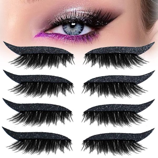 4 Pairs Black 2 IN 1 Fake Eyelashes Eyeliner Stickers, Eyeliner Stickers with Eyelash for Eyes Reusable Adhesive Eyeliner Eyelash Makeup Stickers Outline Winged Quick Easy Application for Make Up