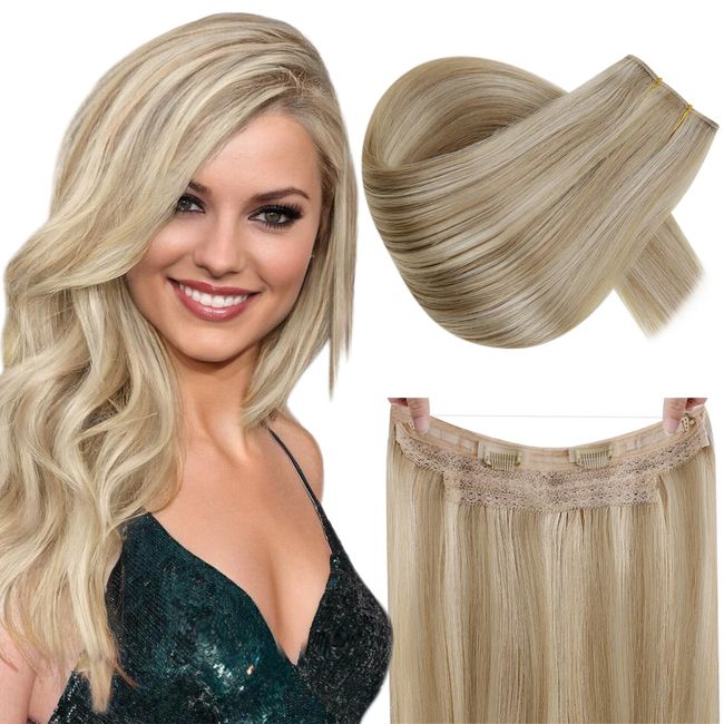 RUNATURE Secret Draht Extensions Echthaar 40cm Secret Wire Hair Extensions Echthaar Higelighe Blond 70g Fish Wire Extensions Farbe #8P24