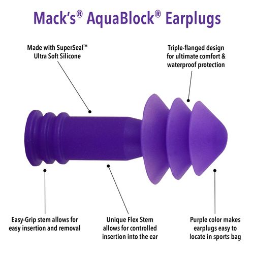 Mack's AquaBlock Swimming Earplugs - Comfortable, Waterproof, Reusable Silicone Ear Plugs for Swimming, Snorkeling, Showering, Surfing and Bathing