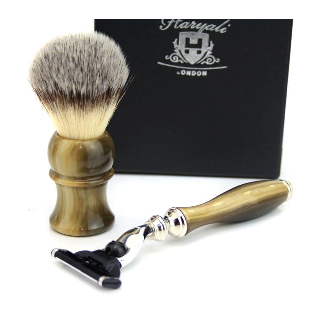 Mens Classic Shaving Kit With Synthetic Hair Shaving Brush Stimulated Horn Handle & 3 Edge Razor With Horn Handle Perfect Shaving Set