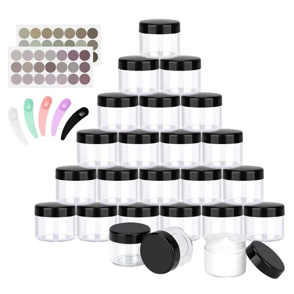 BELICOO 24 Pcs Travel Cosmetic Pots, 20ml Plastic Cosmetic Jars with Lids for Women Eye Shadow Nails Powder, Lotion and Creams Storage (Black)