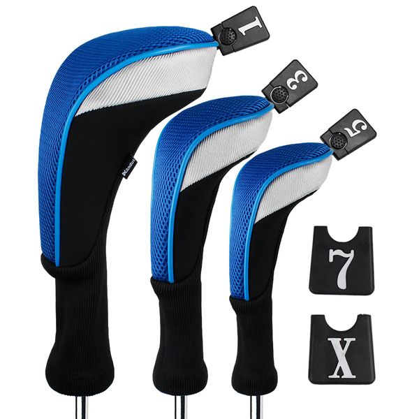 Andux Golf Long Neck Wood Driver Headcovers with Interchangeable Number Tags Set of 3 (Blue)