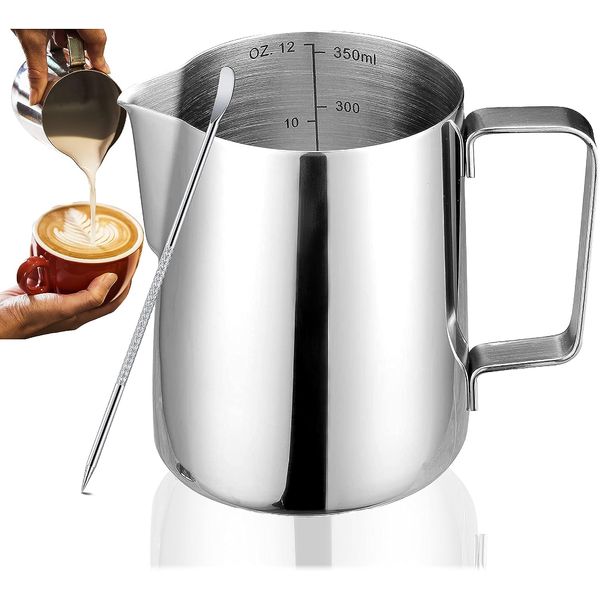 Milk Frothing Pitcher, 12oz/350ml Milk Frother Cup Stainless Steel Jug Steaming Pitcher for Espresso - Latte Art Chai Cappuccino Hot Chocolate