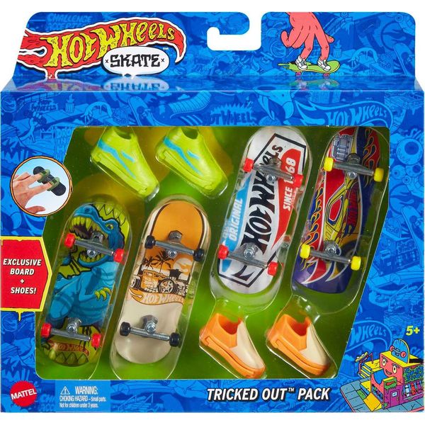 Hot Wheels Skate Tony Hawk Fingerboard & Removable Skate Shoes Multipack, 4 Fully Assembled Boards, 2 Pairs of Skate Shoes, 1 Exclusive Set (Styles May Vary), HNG72