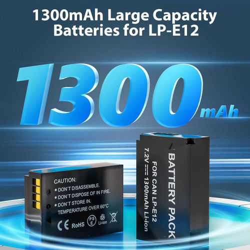 LP LP-E12 Battery 2-Pack 1200mAh Batteries for Canon EOS M, M2, M10, M50, M50 Mark II, M100, M200, Rebel SL1, PowerShot SX70 HS, Kiss M, Kiss X7 Cameras