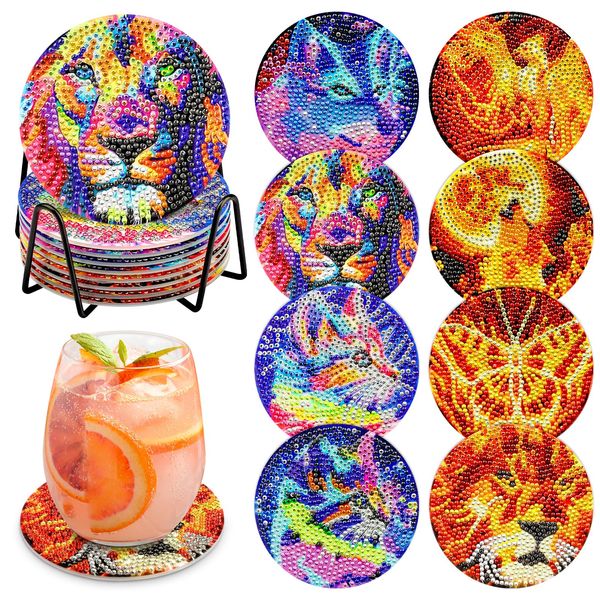 DAERLE 8 STK Diamond Painting Untersetzer mit Halter, Diamond Art Untersetzer, Rund Tier Untersetzer Diamond Painting Set Katze Diamant Painting Bilder Untersetzer Set für Gläser Weingläser Vasen