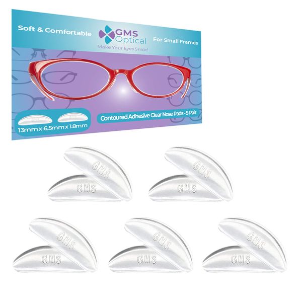 GMS Optical® 1.8 Reg Thick / 13mm Short Length - Kids Small Adhesive Anti-Slip Contoured Silicone Eyeglass Nose Pads - Perfect for Kids Glasses and Smaller Frames (13mm x 6.5mm x 1.8mm)(5 Pair)(Clear)