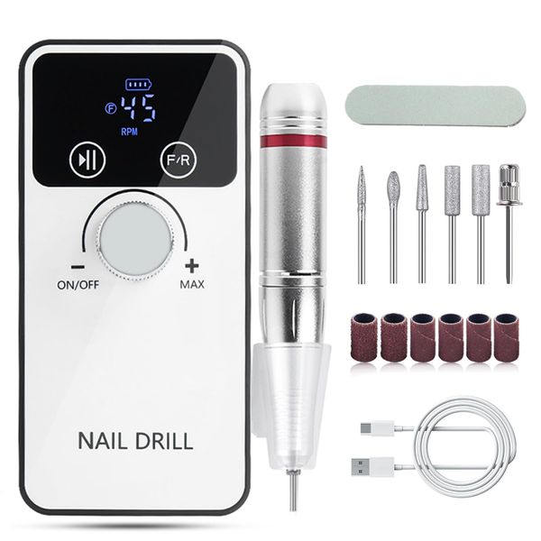 Atopskins Trapano elettrico per unghie 6 in 1 con lima per unghie a doppia faccia Consiglio smeriglio 45000RPM Set manicure senza fili per gel acrilico 2000mAh ricaricabile Efile Nail Grinder