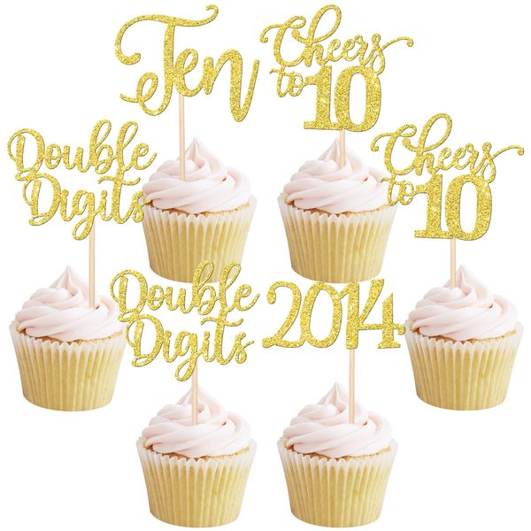 24 Pack Double Digits 10 Cupcake Toppers Glitter Ten Since 2014 10th Birthday Cupcake Picks Hello 10 Years Birthday Cake Decorations for Happy 10th Birthday Anniversary Party Supplies Gold