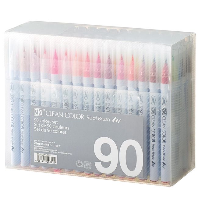 Kuretake RB-6000AT/90V ZIG Clean Color Real Brush Colored Pens, Brush Pen, 90 Colors