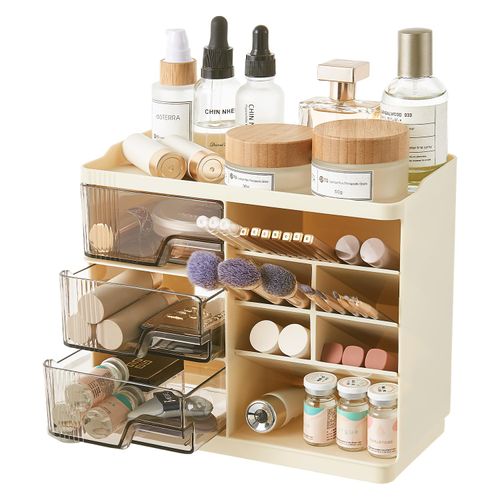 UFORU Makeup Organizer Countertop with 3 Drawers, Multi-Function Desktop Vanity Organizer for Skincare Makeup Brush Lipstick, Bathroom Counter Organizer, Cream White