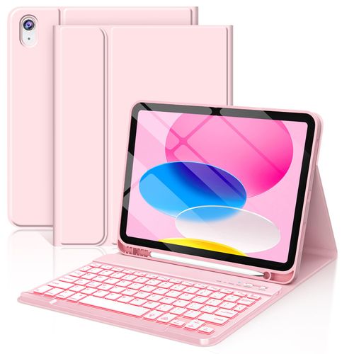FUWANG for iPad A16 11th 10th Generation Case with Keyboard - Detachable 7 Colors Backlit Wireless Folio Case with Pencil Holder, Keyboard for iPad A16 11th 11-inch 2025 &10th Gen 10.9Inch, Light Pink