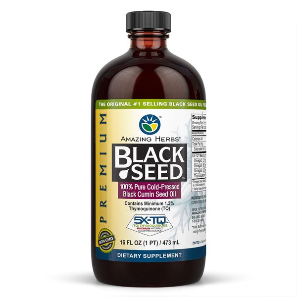 Amazing Herbs Premium Black Seed Oil - Cold Pressed Nigella Sativa Aids in Digestive Health, Immune Support, Brain Function, Joint Mobility, Gluten Free, Non GMO - 16 Fl Oz