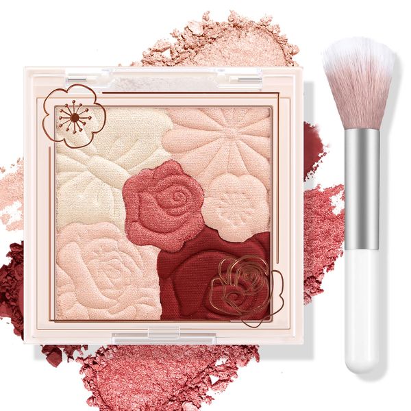 Boobeen Fard compatto per il viso, Matte Shimmer Baked Cream Blush Cheeks Powder Palette Buildable Blusher Powder Makeup for a Radiant Long-Lasting Natural Glowing, with Brush