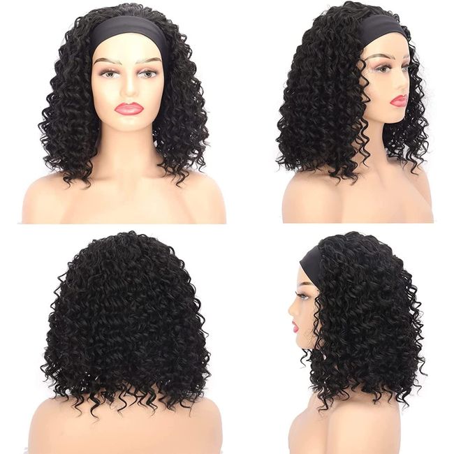 Jolelyne Curly Headband Wigs for Black Women Synthetic Short Deep Wave Headband Wig Half Wigs Glueless Kinky Curly Headband Wig Natural Black Headband Wig for Women 14Inch 1B