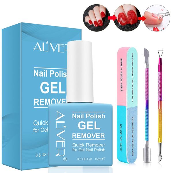 Gel Nail Polish Remover with Nail Buffer & Nail Cuticle Pusher in 2-5mins, Professional Gel Nail Polish Remover Set for Nails