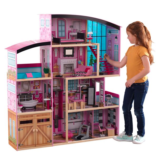 KidKraft Shimmer Mansion Wooden Dollhouse for 12-Inch Dolls with Lights & Sounds and 30-Piece Accessories, Gift for Ages 3+ , Pink