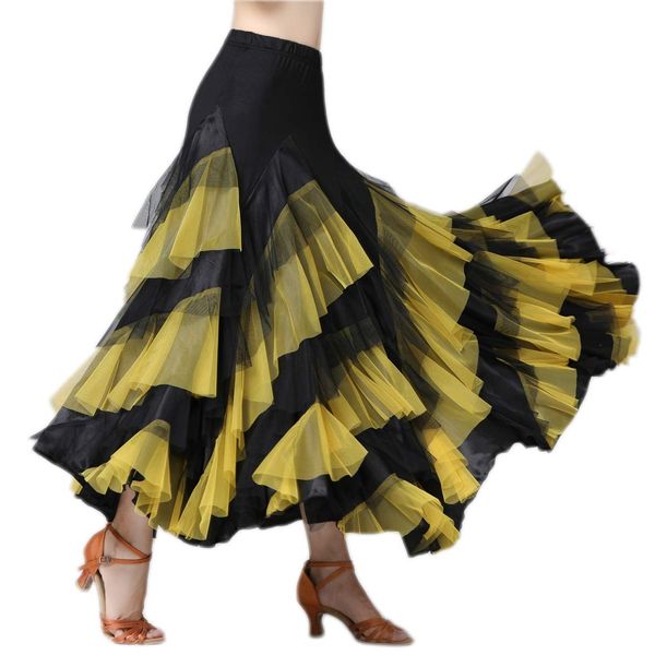 CISMARK Long Full Circle Knit Flamenco Ballroom Latin Dance Skirt Costume Black and Yellow