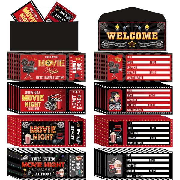 gisgfim 80PCS Movie Night Party Invitations with Envelopes Movie Night Theater Fill In Black Invites Red Carpet Invitations Popcorn VIP Movie Party Ticket Invitations for Birthday Baby Shower Supplies