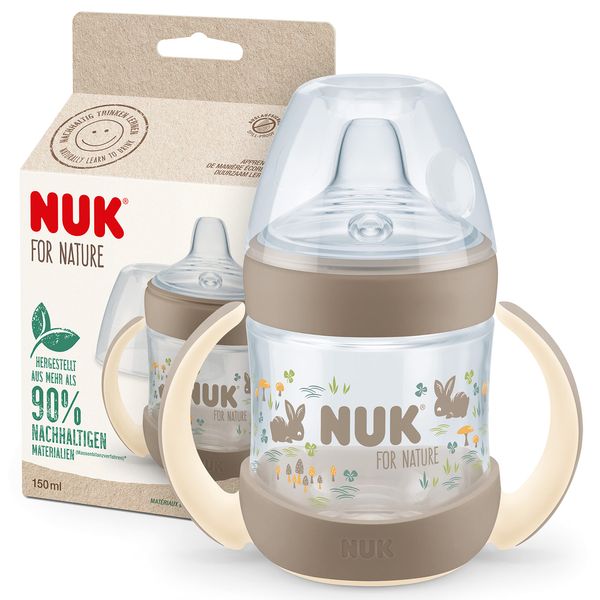 NUK for Nature Trinklernbecher / 150ml / Haltegriffe und brustähnlicher Trinkschnabel / Auslaufsicher / 6−18 M/ Anti-Colic / Temperature Control /Nachhaltige, BPA-freie Materialien /Beige