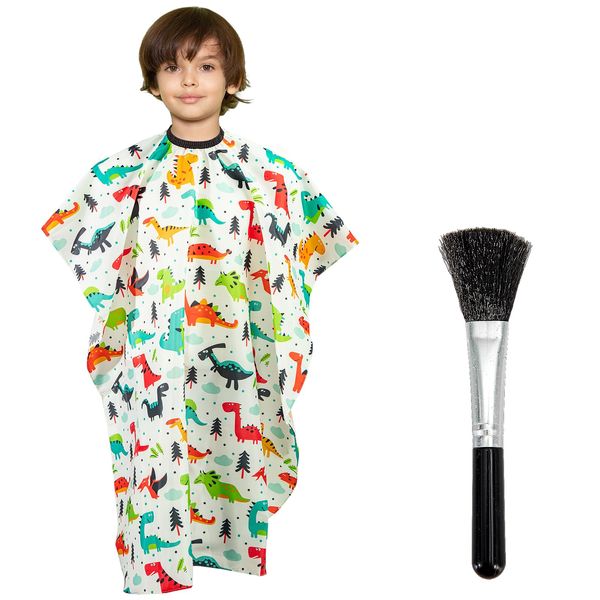 Gealaek Kids Haircut Cape and Neck Duster Brush Set with Dinosaur Pattern Kids Barber Cape 55x40 Inches for Boys & Girls Salon Cape Kit (White)