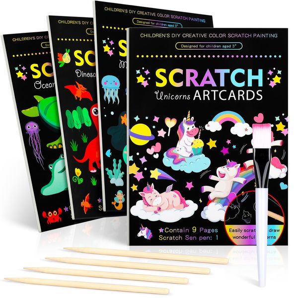 Hovetne 4 Pack Scratch Art for Kids, Magic Rainbow Scratch Art Book Doodle Drawing Papers for Children, Foil Art Handmade Arts and Crafts Educational Toys for 4 5 6 7 8 9 10 Years Old