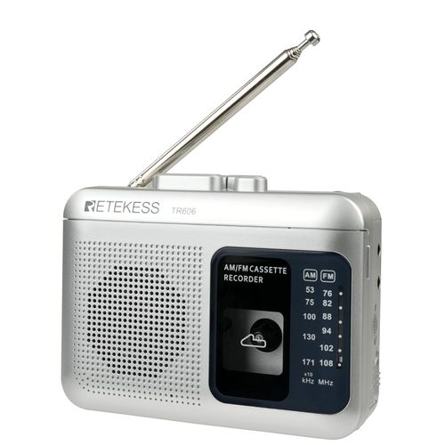 Retekess TR606 Tape Recorder Cassette Player, AM FM Cassette Players Walkman, Supports Voice/AUX Line in Record, Powered by DC or AA Battery (Silver)