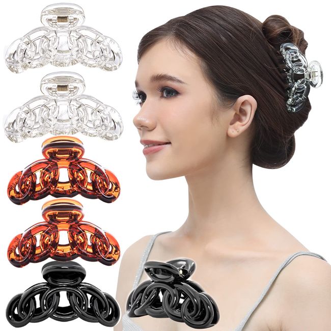 RC ROCHE ORNAMENT 6Pcs Womens Vintage No Slip Strong Hold Sectioning Styling Power Beauty Fashion Girl Accessories Barrette Hairgrip Hair Jaw Clamp Claw Clip, Medium Clear Brown and Black