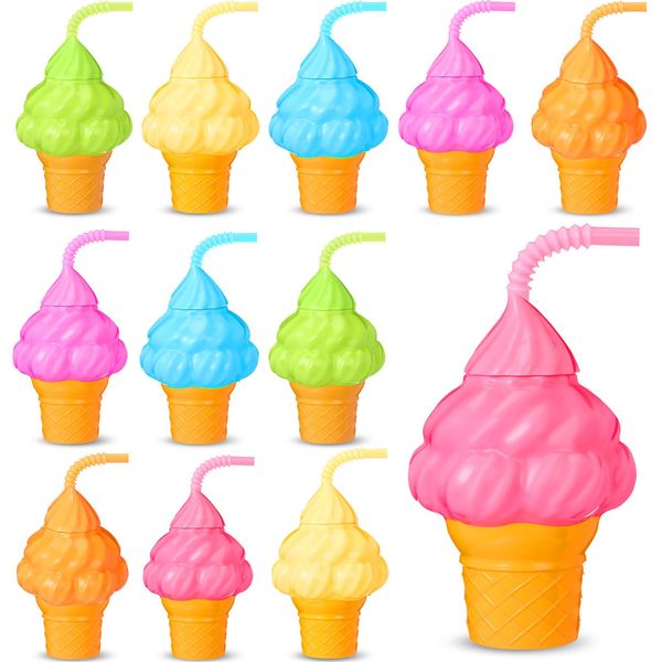 Mifoci 12 Sets Summer Ice Cream Party Favor Cups 10 oz Ice Cream Cups with Lids and Straws Plastic Ice Cream Cone Cups Gifts for Girls Boys Hawaii Birthday Baby Shower Party Decorations Supplies