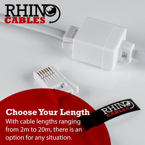 rhinocables BT Telephone Extension Cable, Male Plug to Female Socket Box Lead Wired for UK Landline Phone Cord Extension, Home and Office, Fax, Modem, White (3m)
