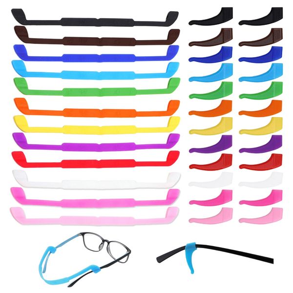 TSHAOUN 12 Pack Anti Slip Eyeglasses Straps with 12 Pair Ear Grip Hooks,glasses holder strap,Eyeglasses Retainers Silicone Glasses Temple Holders Anti-slip Protectors for Kids/Adult (12 Colors)