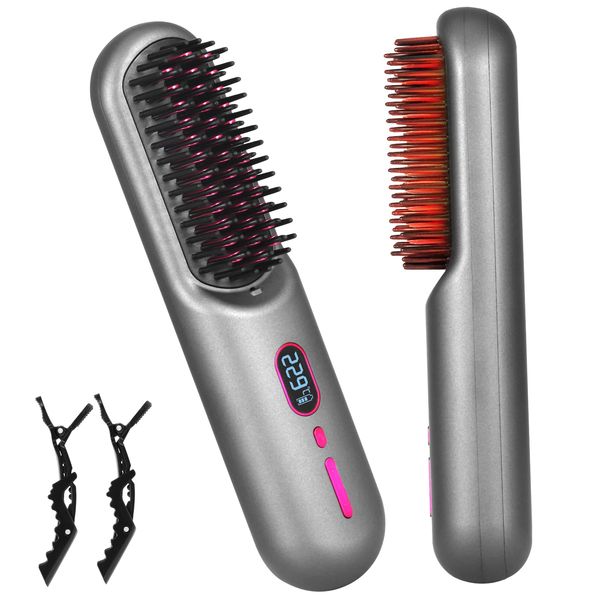 Cordless Hair Straightener Brush, Upgraded Negative Ion Ceramic Straightener Brush with 11 Adjustable Temp Levels, 20S Fast Heat Up, LCD Display, 9600mAh USB-C Rechargeable, Portable Hot Styling Comb