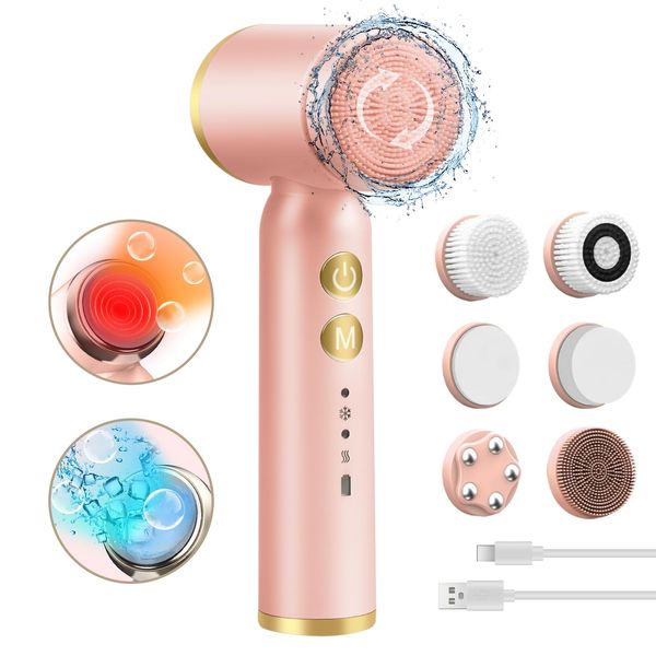 Landmore Facial Cleansing Brush, 6 in 1 Facial Spin Brush Rechargable IPX7 Waterproof Face Scrubber with 6 Brush Heads, 3 Speeds & Spa for Massaging and Deep Cleansing, Pink