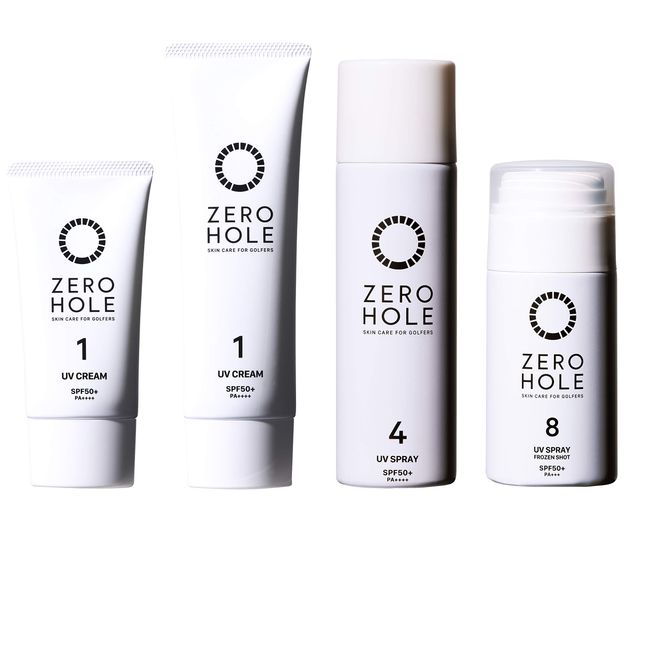 [Set of 4 Types, Assorted] Zero Hole, Unscented, Sunscreen Cream, Mini Size, Normal Size (0.9 oz (25 g, 1.7 oz (48 g), Sunscreen Spray (1.8 oz (50 g), Sunscreen Spray (2.1 oz (60 g); Perfect for Outdoor Activities such as Golf SPF 50+ Waterproof (Can Be R