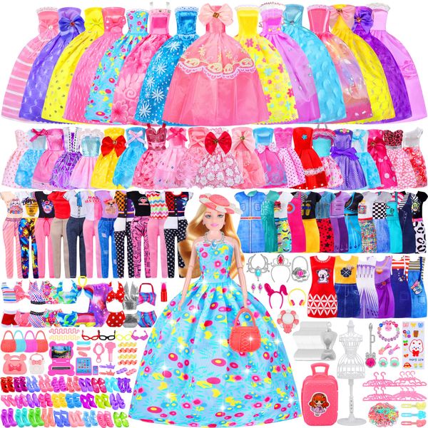 342 Pcs Doll Clothes and Accessories with Doll, Princess Gowns, Fashion Dresses, Top, Pants, Swimsuits, Shoes, Hangers and Other Accessories, Doll Playset Dress up Toy for Girls Toddlers Gift Toys