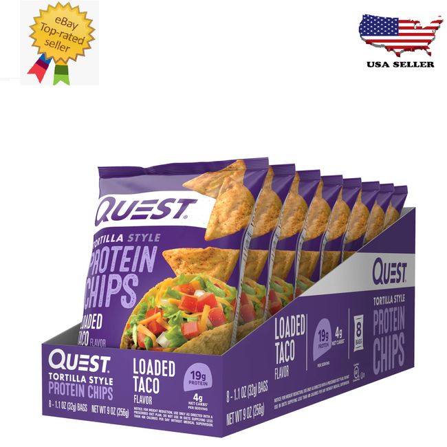 Quest Tortilla Style Protein Chips - Loaded Taco 1.1 oz (8 Bags) Free Shipping