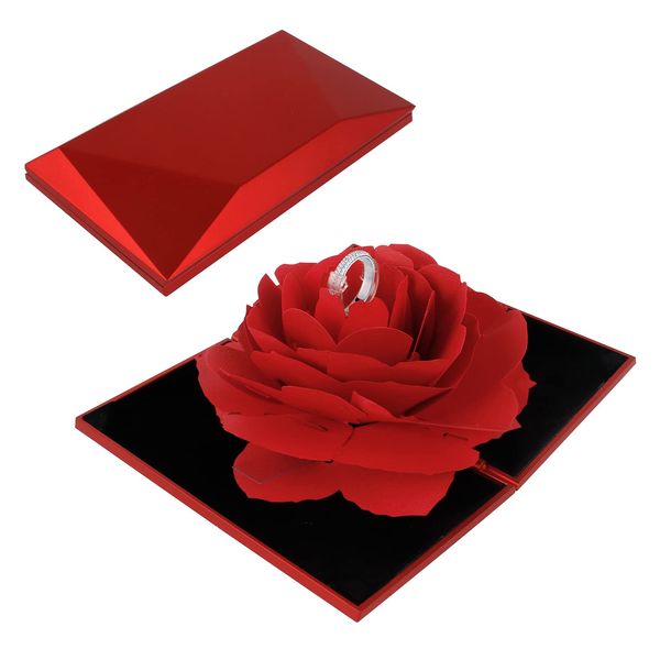 Haisheng Ring Box, 3D Pop Up Rose Ring Box flower box Holder Valentine's Day Ring Box for Wife Husband Girlfriend Boyfriend Gift Ring Box for Engagement Ring Box Wedding Jewelry Gift Box (Red)