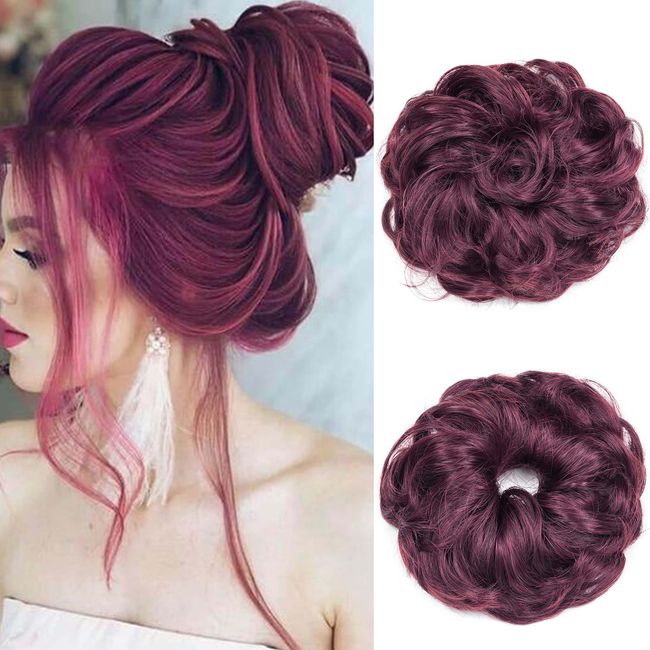 Gairyan Haarteil Mit Gummiband Dutt Haarteil Gelockt Haargummi Mit Haaren Haarverlängerung Synthetisch Pferdeschwanz Haarteile Messy Bun Haardutt Hochsteckfrisuren für Damen Mädchen, Weinrot