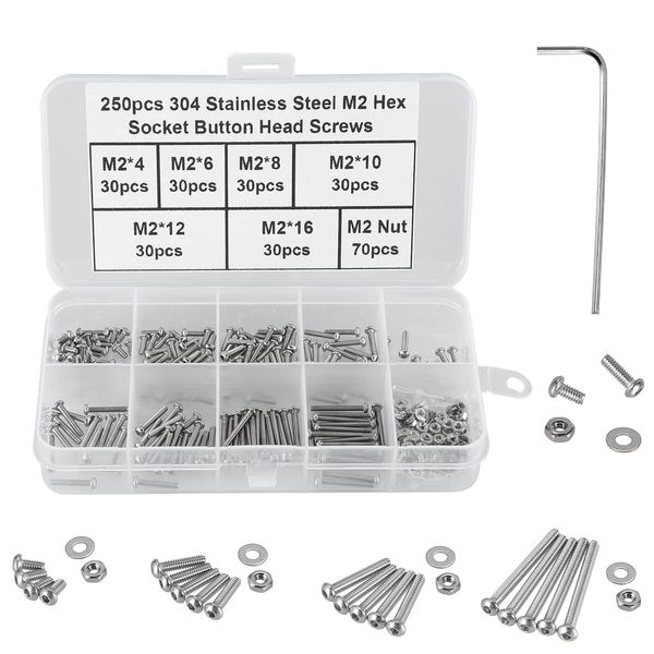 FandWay 250PCS M2 Button Head Hex Socket Screws,304 Stainless Steel Fully Threaded Machine Screws,Small Pan Head Internal Hex Screws, Bolts and Nuts Washers Assortment Set with Hex Wrenches.