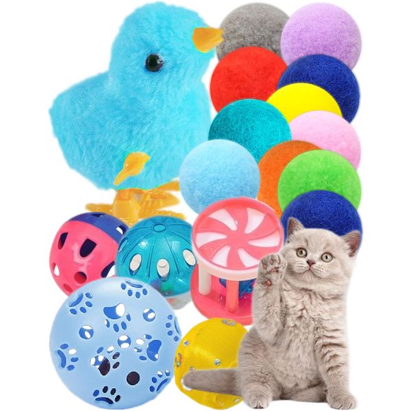 DIYUQISHI Cat Toys, 15 Pieces Set, Includes Kitten Toys, Like Plush Balls and a Mechanical Chick, Bell Balls, and Soft Toys for Indoor Cats to Play and Stay Active, Safe Materials for Hours of Fun